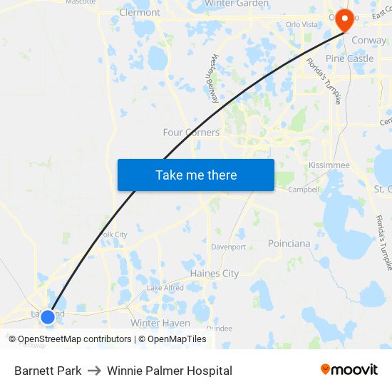 Barnett Park to Winnie Palmer Hospital map