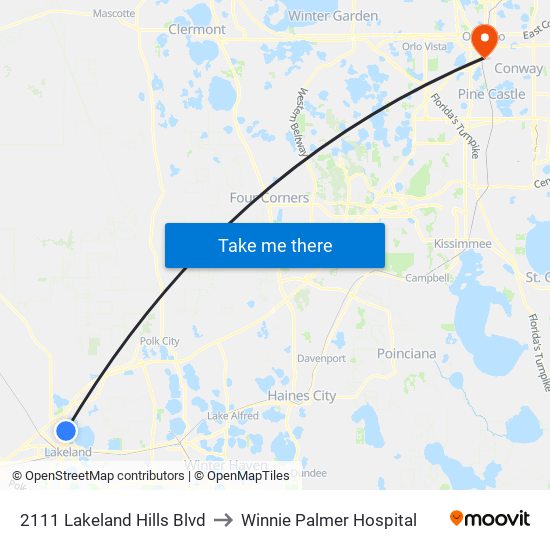 2111 Lakeland Hills Blvd to Winnie Palmer Hospital map