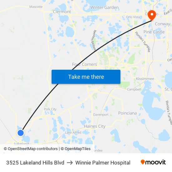 3525 Lakeland Hills Blvd to Winnie Palmer Hospital map