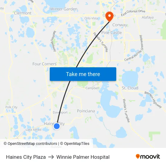 Haines City Plaza to Winnie Palmer Hospital map