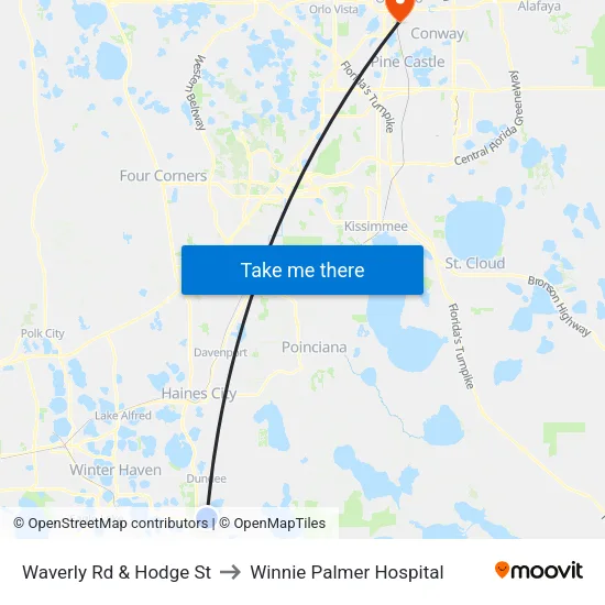 Waverly Rd & Hodge St to Winnie Palmer Hospital map