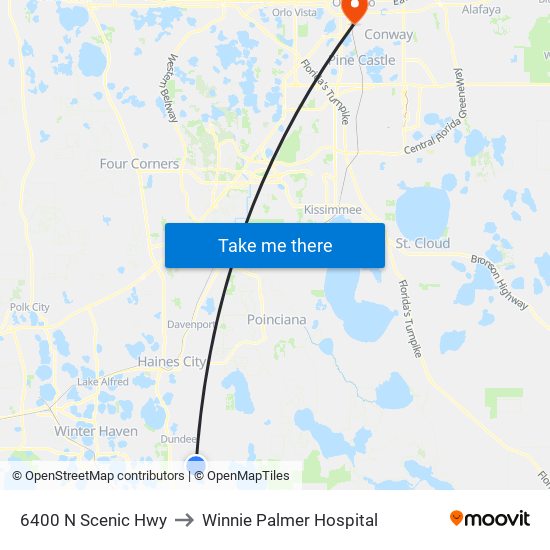 6400 N Scenic Hwy to Winnie Palmer Hospital map