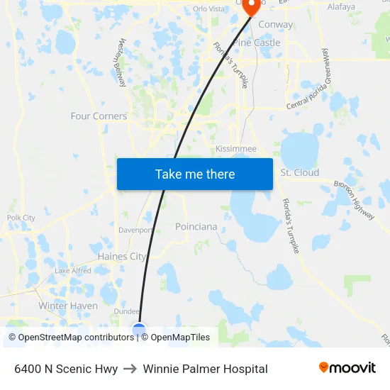 6400 N Scenic Hwy to Winnie Palmer Hospital map