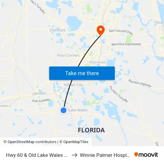 Hwy 60 & Old Lake Wales Rd to Winnie Palmer Hospital map