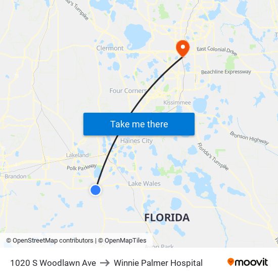 1020 S Woodlawn Ave to Winnie Palmer Hospital map