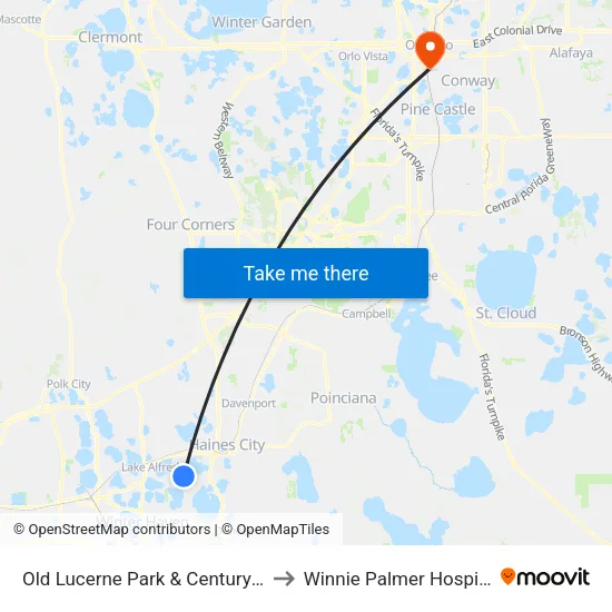 Old Lucerne Park & Century Dr to Winnie Palmer Hospital map