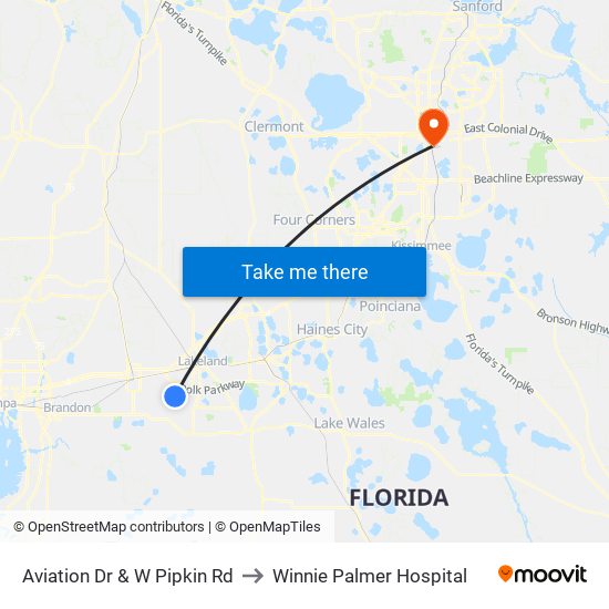 Aviation Dr & W Pipkin Rd to Winnie Palmer Hospital map