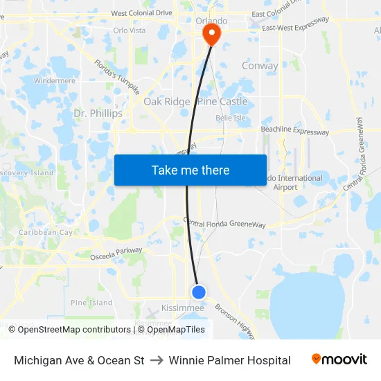 Michigan Ave & Ocean St to Winnie Palmer Hospital map