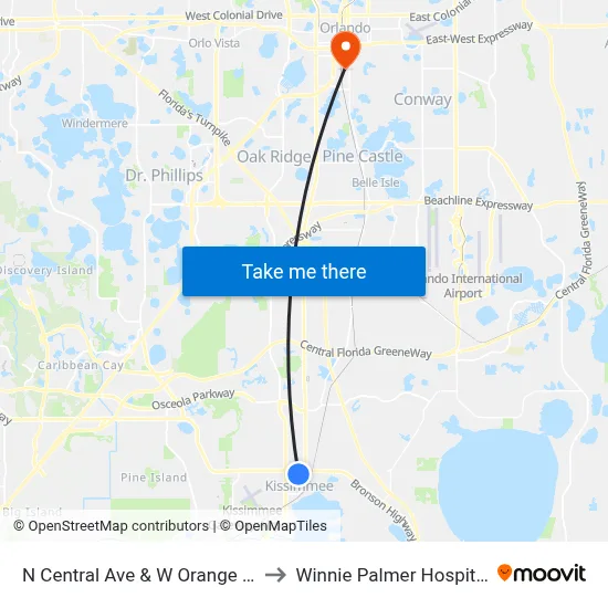 N Central Ave & W Orange St to Winnie Palmer Hospital map