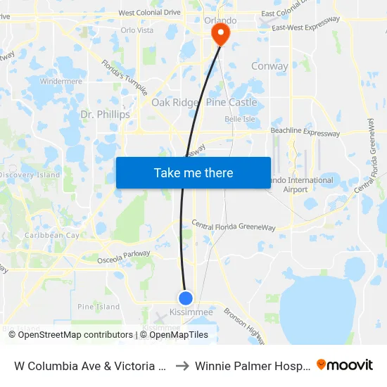 W Columbia Ave & Victoria Blvd to Winnie Palmer Hospital map