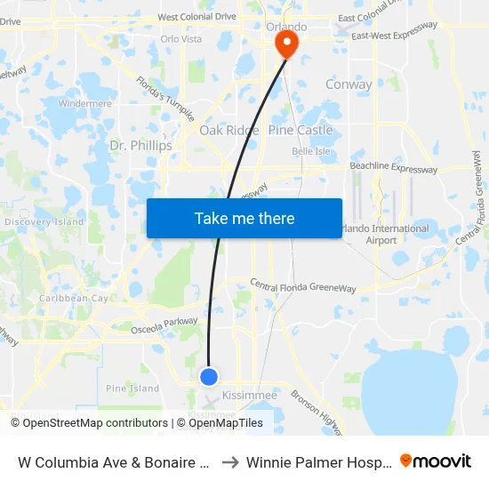 W Columbia Ave & Bonaire Blvd to Winnie Palmer Hospital map