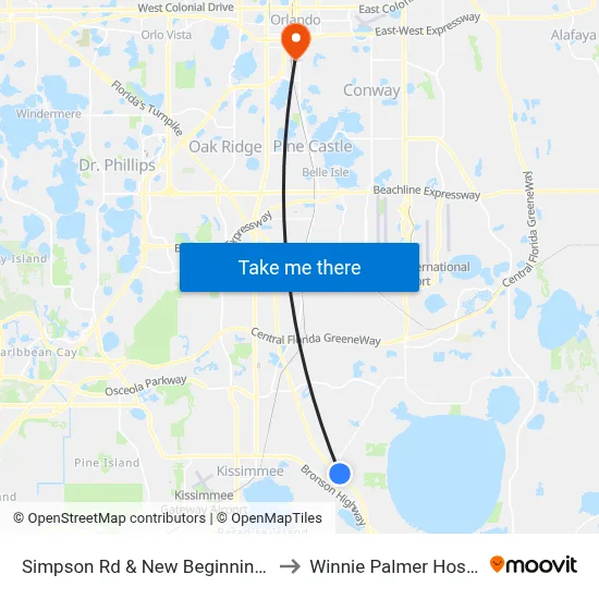 Simpson Rd & New Beginnings Rd to Winnie Palmer Hospital map