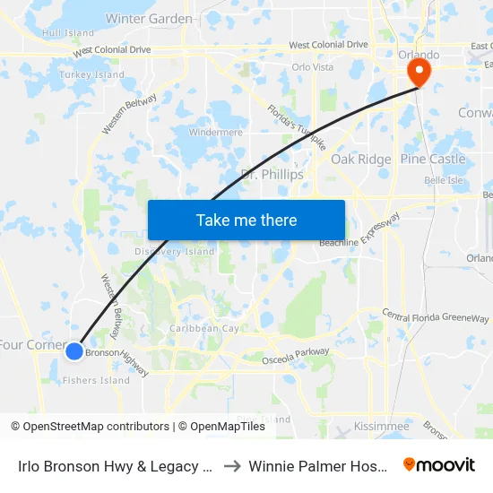 Irlo Bronson Hwy & Legacy Blvd to Winnie Palmer Hospital map