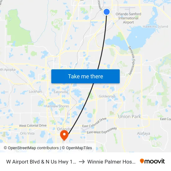 W Airport Blvd & N Us Hwy 17-92 to Winnie Palmer Hospital map