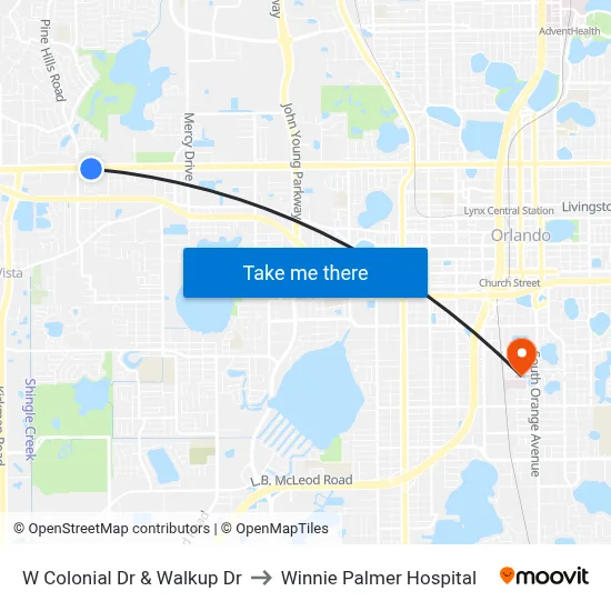 W Colonial Dr & Walkup Dr to Winnie Palmer Hospital map