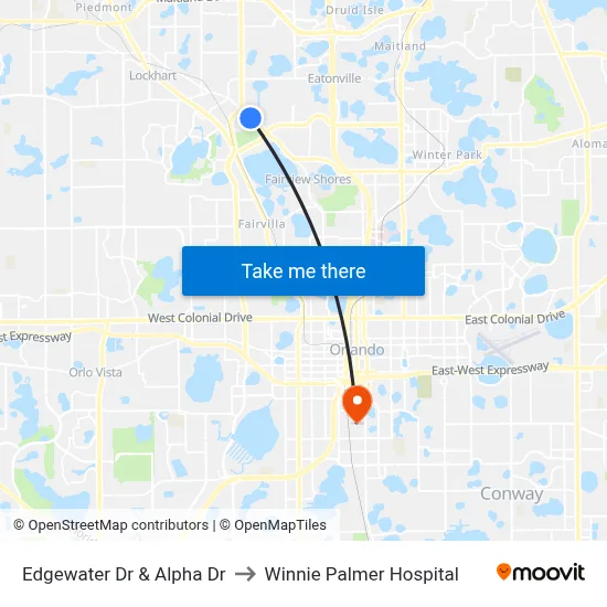 Edgewater Dr & Alpha Dr to Winnie Palmer Hospital map