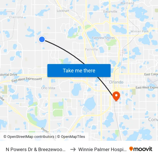 N Powers Dr & Breezewood St to Winnie Palmer Hospital map