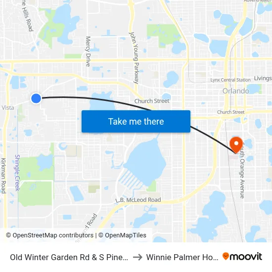 Old Winter Garden Rd & S Pine Hills Rd to Winnie Palmer Hospital map