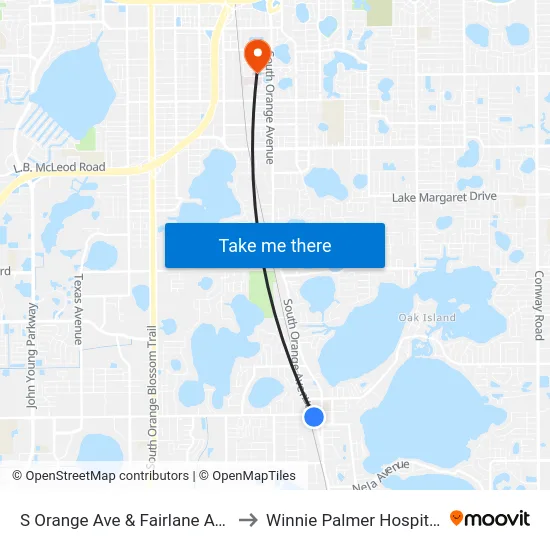 S Orange Ave & Fairlane Ave to Winnie Palmer Hospital map