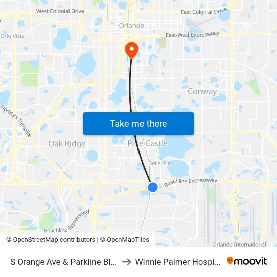 S Orange Ave & Parkline Blvd to Winnie Palmer Hospital map
