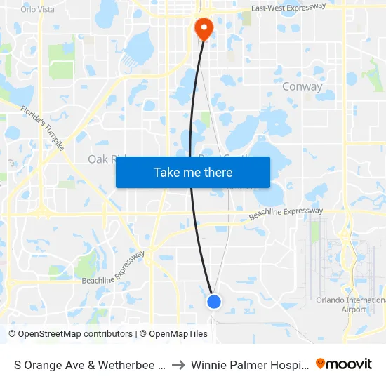 S Orange Ave & Wetherbee Rd to Winnie Palmer Hospital map
