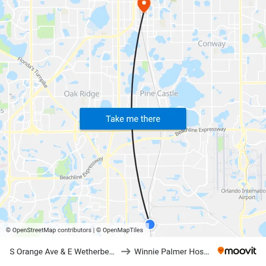 S Orange Ave & E Wetherbee Rd to Winnie Palmer Hospital map