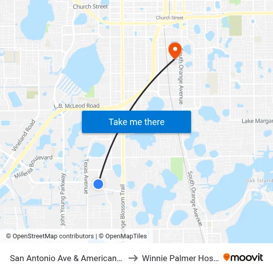 San Antonio Ave & Americana Blvd to Winnie Palmer Hospital map