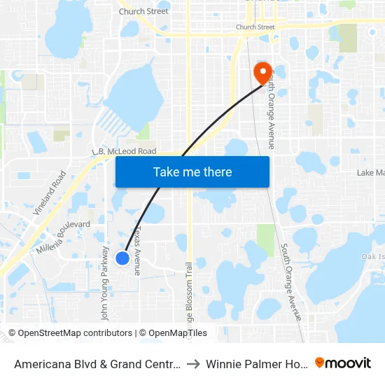 Americana Blvd & Grand Central Pkwy to Winnie Palmer Hospital map