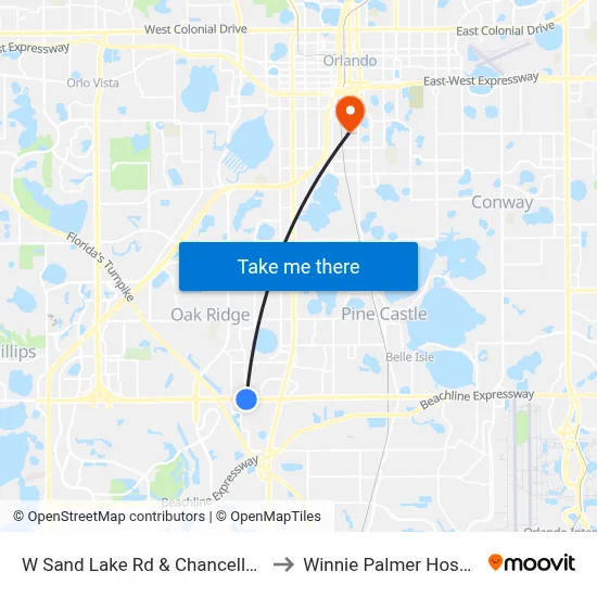W Sand Lake Rd & Chancellor Dr to Winnie Palmer Hospital map