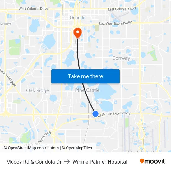 Mccoy Rd & Gondola Dr to Winnie Palmer Hospital map