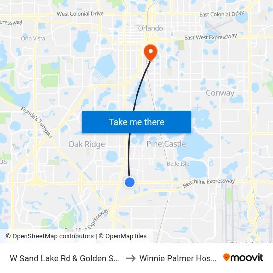 W Sand Lake Rd & Golden Sky Ln to Winnie Palmer Hospital map
