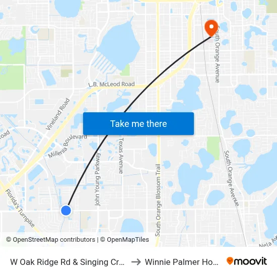 W Oak Ridge Rd & Singing Creek Ln to Winnie Palmer Hospital map