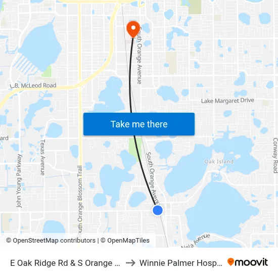 E Oak Ridge Rd & S Orange Ave to Winnie Palmer Hospital map