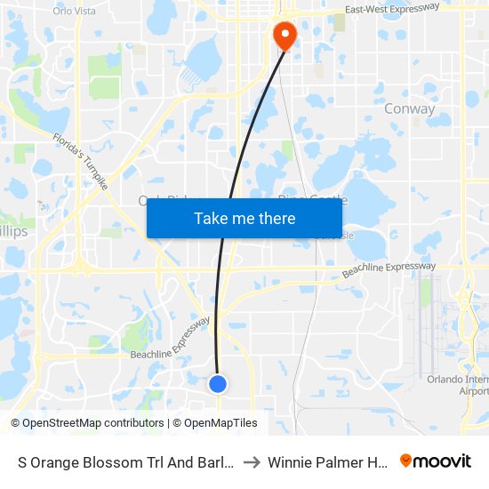 S Orange Blossom Trl And Barley Club Dr to Winnie Palmer Hospital map