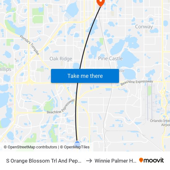 S Orange Blossom Trl And Pepper Mill Blvd to Winnie Palmer Hospital map