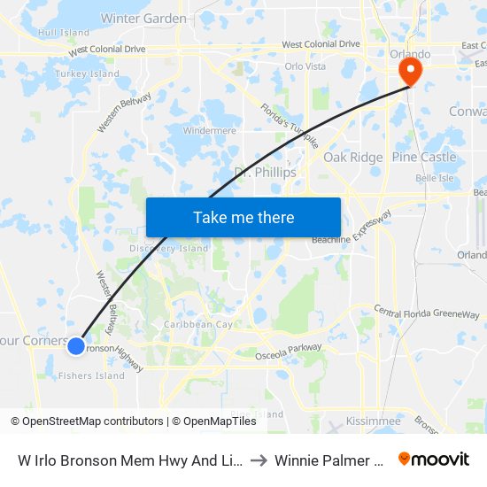 W Irlo Bronson Mem Hwy And Lindfields Blvd to Winnie Palmer Hospital map