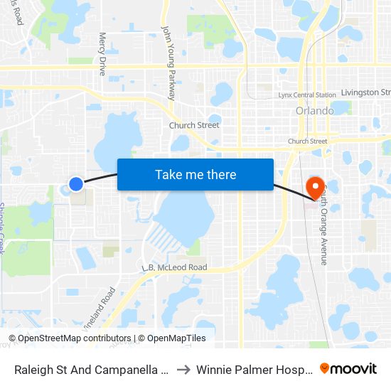 Raleigh St And Campanella Ave to Winnie Palmer Hospital map