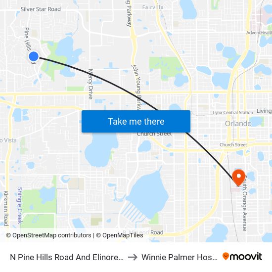 N Pine Hills Road And Elinore Drive to Winnie Palmer Hospital map