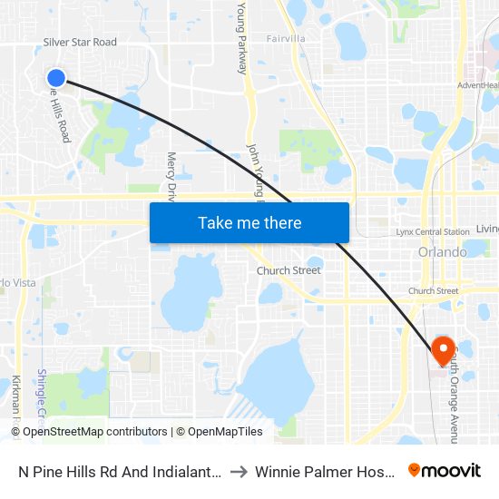 N Pine Hills Rd And Indialantic Dr to Winnie Palmer Hospital map