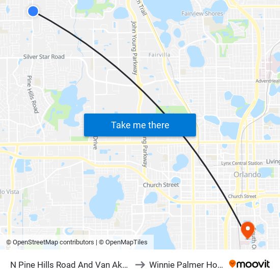 N Pine Hills Road And Van Aken Drive to Winnie Palmer Hospital map