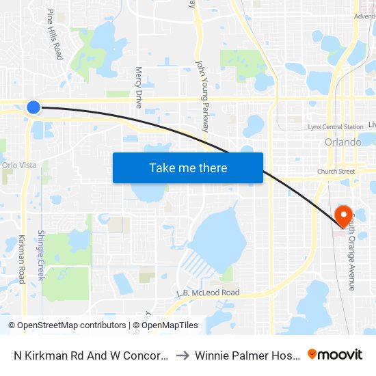 N Kirkman Rd And W Concord Ave to Winnie Palmer Hospital map