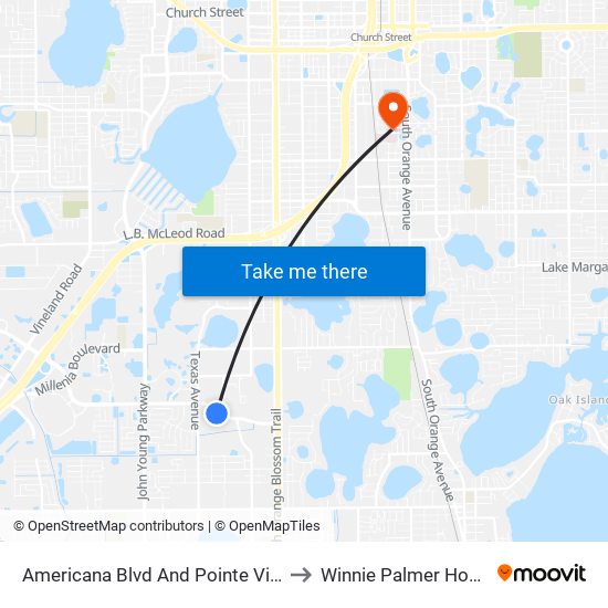 Americana Blvd And Pointe Vista Cir to Winnie Palmer Hospital map