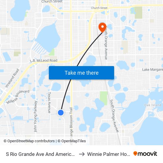 S Rio Grande Ave And Americana Blvd to Winnie Palmer Hospital map