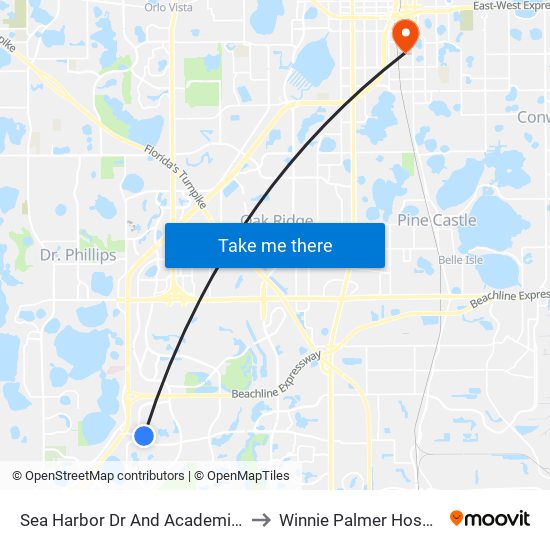 Sea Harbor Dr And Academic Dr to Winnie Palmer Hospital map