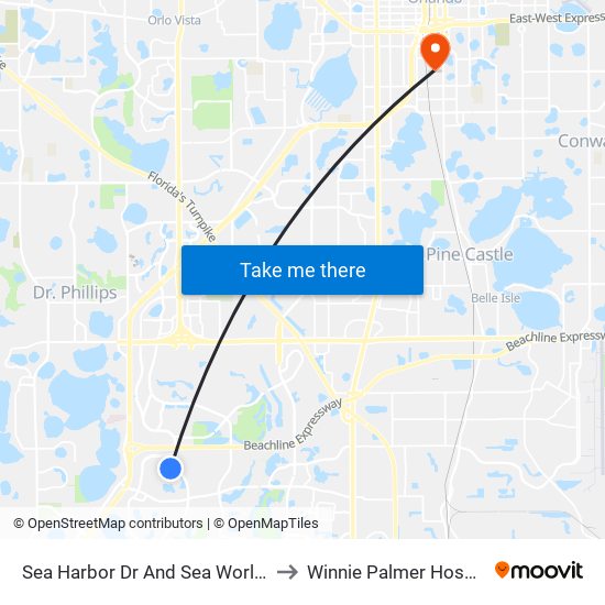 Sea Harbor Dr And Sea World Dr to Winnie Palmer Hospital map