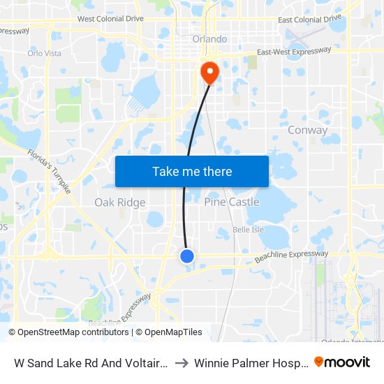 W Sand Lake Rd And Voltaire Dr to Winnie Palmer Hospital map