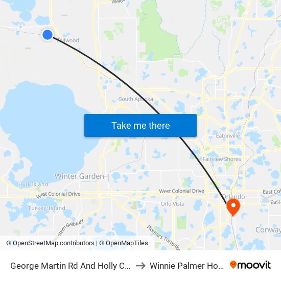 George Martin Rd And Holly Creek Rd to Winnie Palmer Hospital map