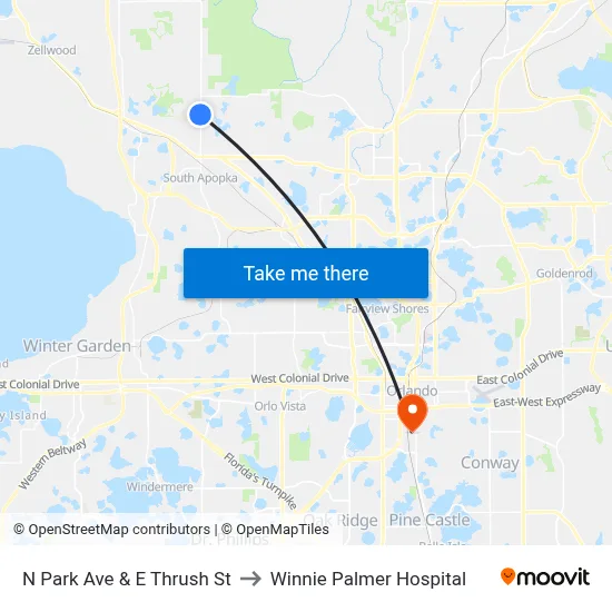 N Park Ave & E Thrush St to Winnie Palmer Hospital map