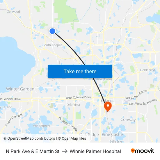 N Park Ave & E Martin St to Winnie Palmer Hospital map