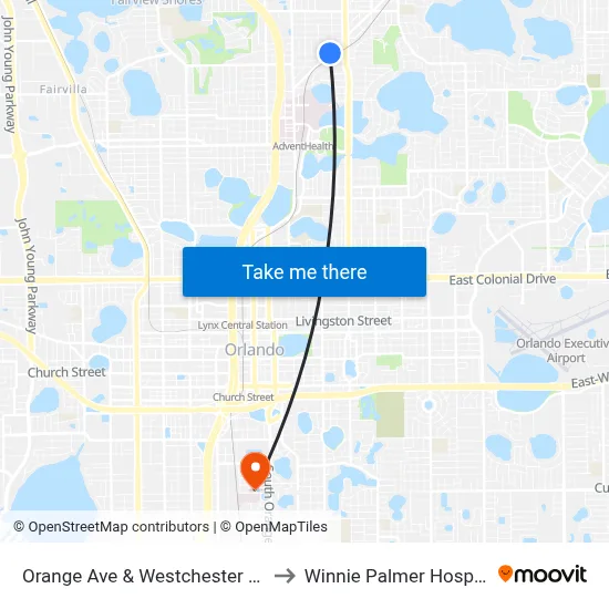 Orange Ave & Westchester Ave to Winnie Palmer Hospital map